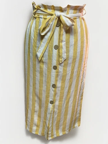 Love Tree Womens Yellow Stripe Midi Skirt Sz S Linen Paper Bag Waist Boho Beach
