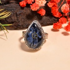 Natural Pietersite Gemstone Ring Blue Stone 925 Sterling Silver Boho Rings