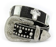 Belt - Rhinestone Split Leather Belt - Croc Embossed w/ Cross Charms - Black ...