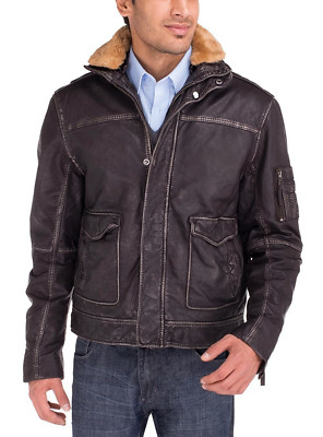 Luciano Natazzi Mens Buff Rub Heritage Washed Flight Leather Jacket Trim