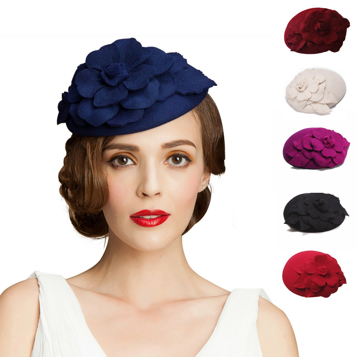 Wool Felt Pillbox Hat Fascinator Beret with Veil Flower Derby Church Wedding Womens Hat Vintage Cap Derby 1920s Beret Pillbox Felt  main image 2