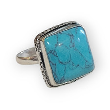 925 Sterling Silver Turquoise Gemstone Statement Hammered Ring sz 8.5