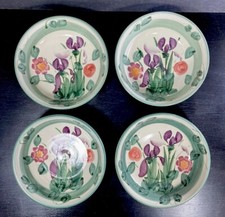 HANDCRAFTED Studio Art Pottery Bowls Irises Floral Signed  7” Set of 4  (A)