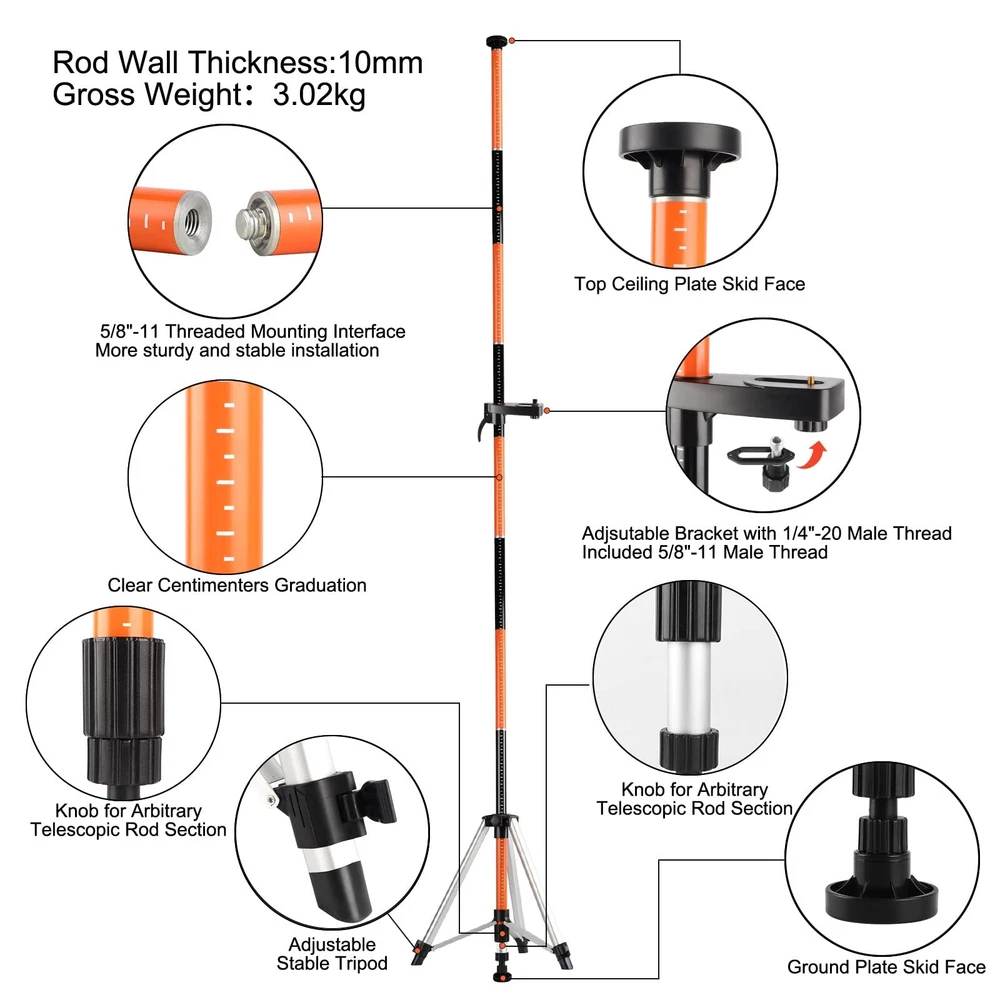 Laser Level Pole with Tripod,12Ft./3.7M Telescoping Pole for Laser Levels,1/4...