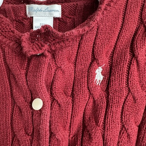 Ralph Lauren 24m Girls Red Cotton Cable Knit Sweater Crochet Neckline - Bild 1 von 11