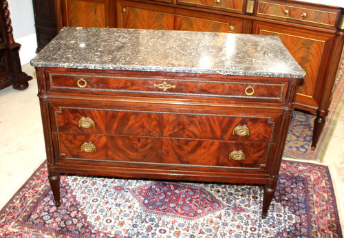 French Antique Louis XVI Mahogany Chest | 3 Drawer Marble Top Dresser Sideboard