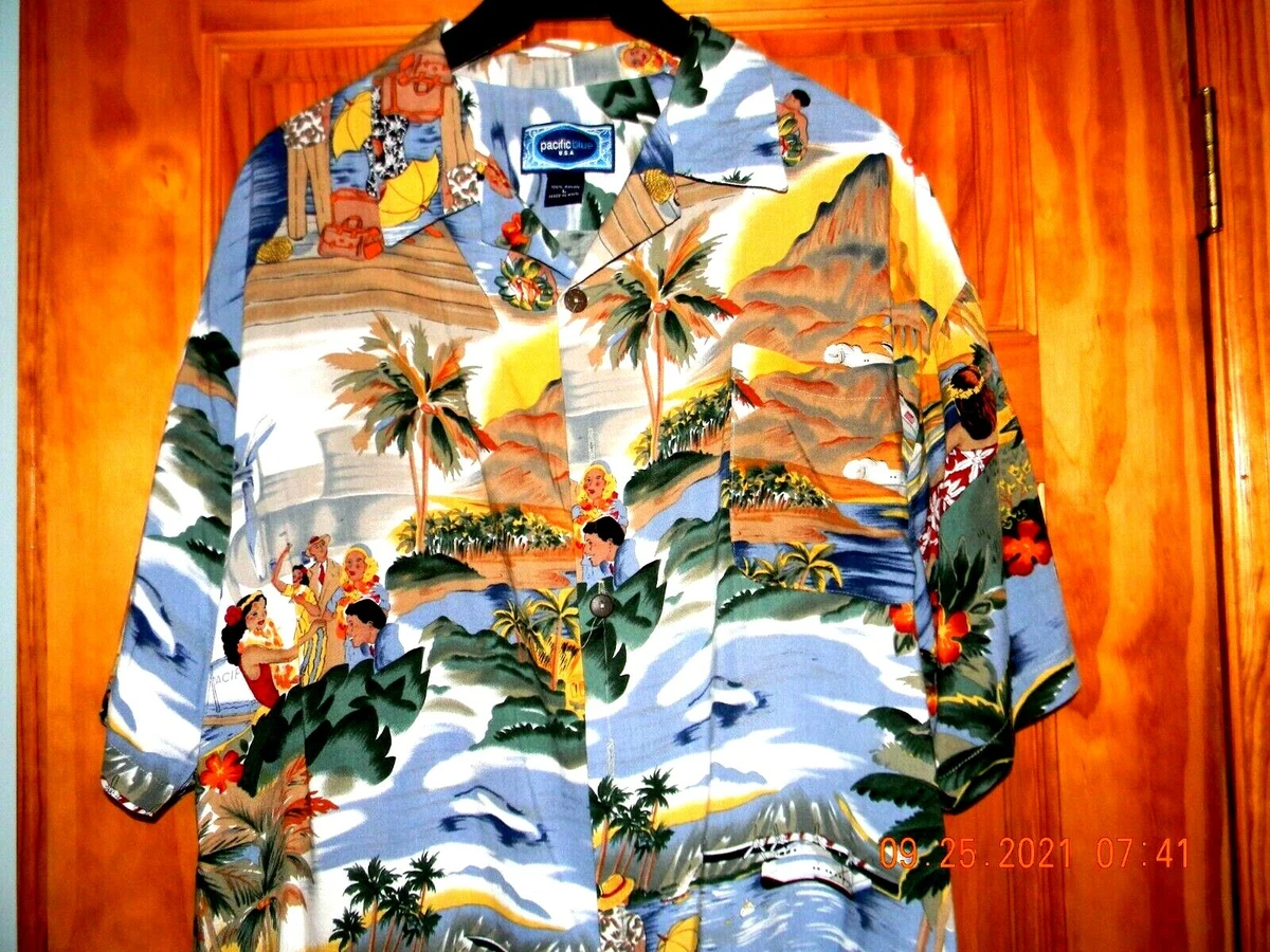 Men's PACIFIC BLUE Hawaiian Aloha Shirt Size: LARGE