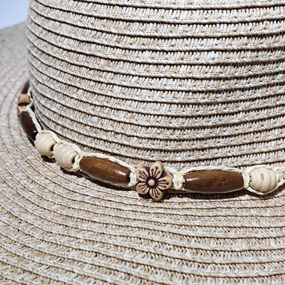 Coastal Headwear Wide Brim Straw Sun Hat Wood Bead Accents 