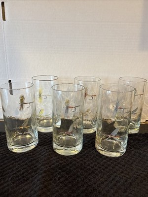 Vintage Lot Of 6 Handpainted High Ball Drinking Glasses Fly Fishing Lures 