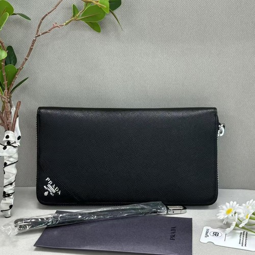 Prada Saffiano Leather Zip Around Long Wallet Detachable Wrist Strap AUTH