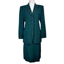 NWT Kasper Longline Blazer Midi Skirt Suit Set 12 10 Green Plaid Powersuit 90s