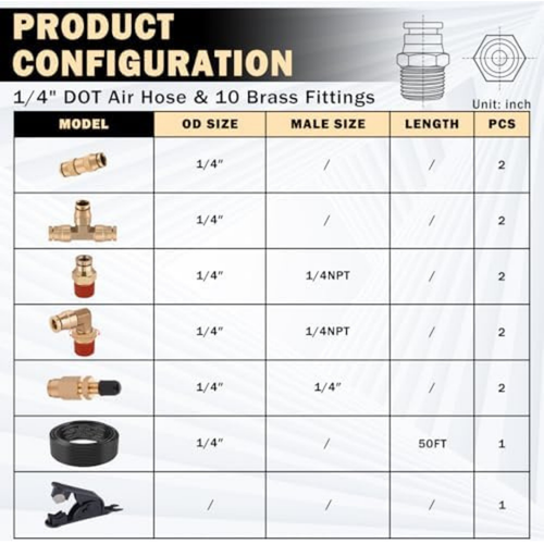 50 FT 1/4 DOT Air Line with Brass Fittings for Air Bags Suspension 10-Piece Kit - Afbeelding 4 van 7