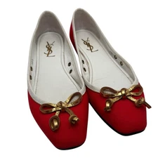 Saint Laurent YSL Womens Red Ballet Flats with Gold Bow Detail Size 36.5 (6.5)