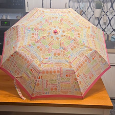 Coach Automatic Compact Folding Umbrella Multicolor Logo Print Pink Handle