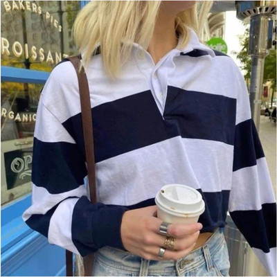 Brandy Melville Cropped Rugby Top Polo Blue White Stripe 100% Cotton One  Size