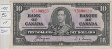 CANADA 1937 TEN DOLLAR BANK NOTE UNC 1 NOTE VF