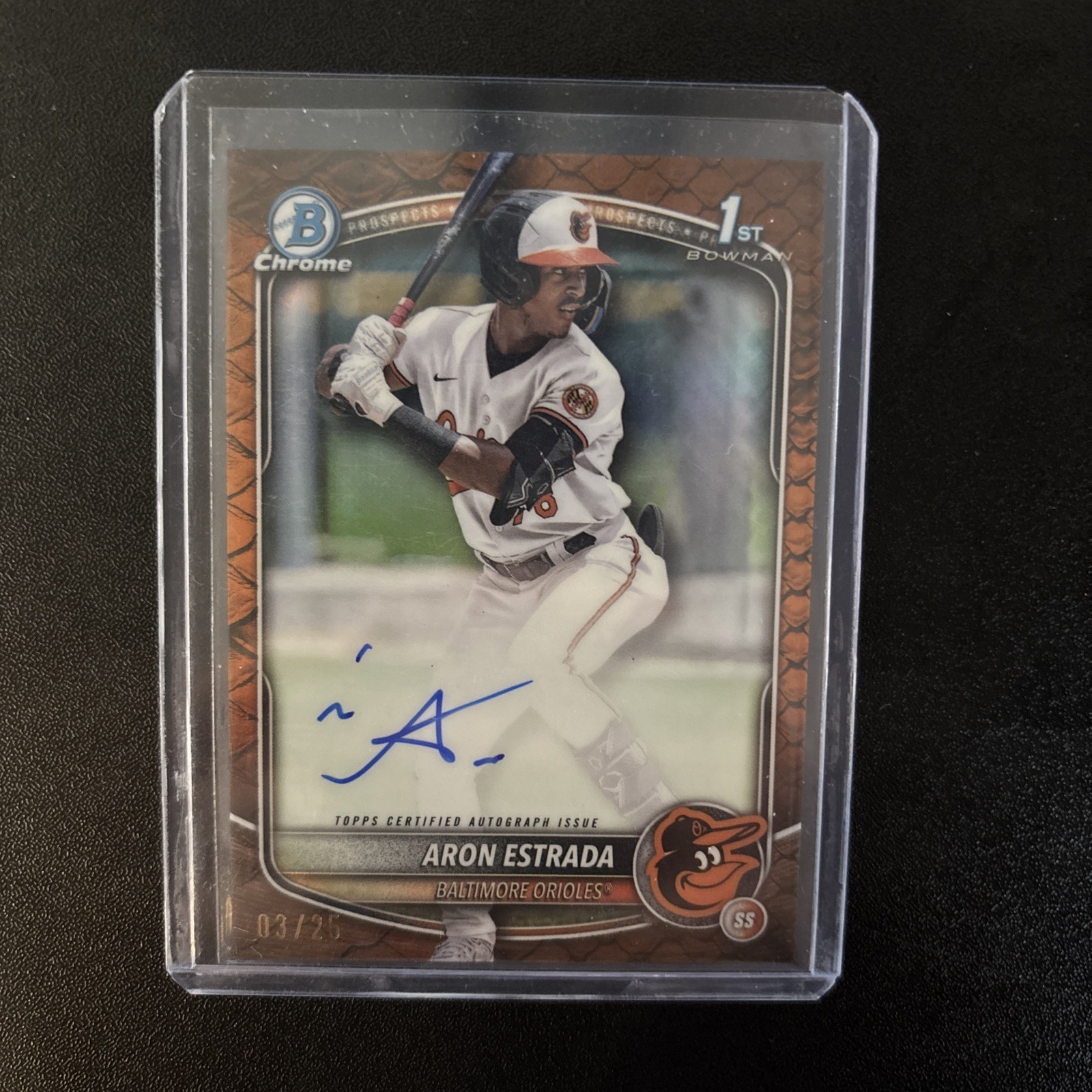 2025 Bowman Chrome Aron Estrada /25 Reptilian Orange 1st Bowman Auto SSP Orioles