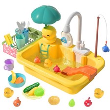 CUTE STONE Play Sink with Running Water Kitchen Toys with Food and Utensils
