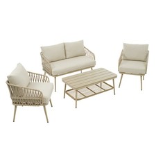 4 Piece Garden Furniture Set, Outdoor Patio Sofa, 2 Chairs & Coffee Table, Beige