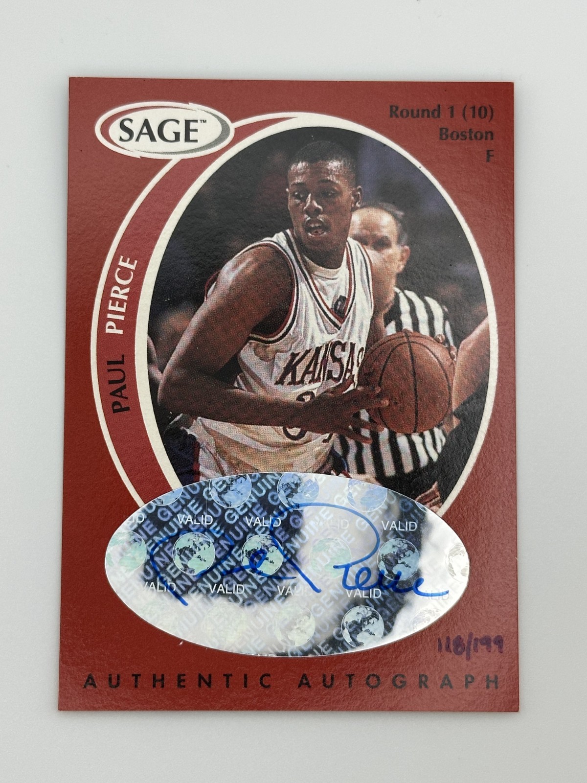 1998 SAGE PAUL PIERCE #A40 AUTHENTIC AUTOGRAPH RED 118/199 BOSTON CELTICS
