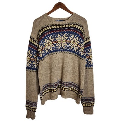 Vintage Polo Ralph Lauren Mens LS Sweater Beige Snowflake Nordic Cotton Knit  XL