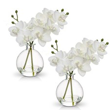 White Orchids Artificial Flowers Faux Orchid Arrangement with Clear Glass Vas...