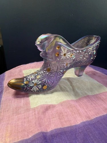 VTG FENTON Daisy Button Cat Head Purple Glass Slipper Shoe Hand Painted