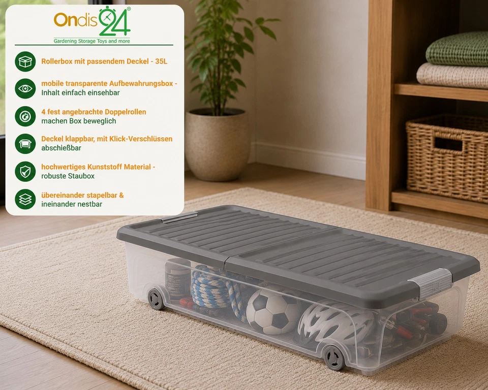 Unterbettbox Rollbox mit Deckel 35L Aufbewahrungsbox Kunststoffbox grau Ondis24 - Bild 4 von 4