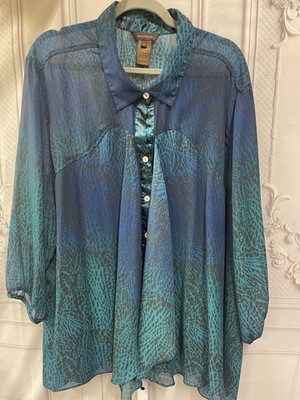 Multiples Animal Print Sheer Satin Sheer Teal & Royal Blue Layered 3x Boho Top
