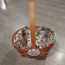 VTG Longaberger 1995 Easter Basket With Floral Liner & Plastic Protector tie on