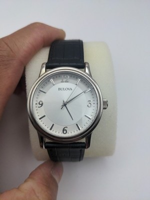 Bulova Mens Watch  Silver Tone Classic Black Leather 96A28 New Battery 
