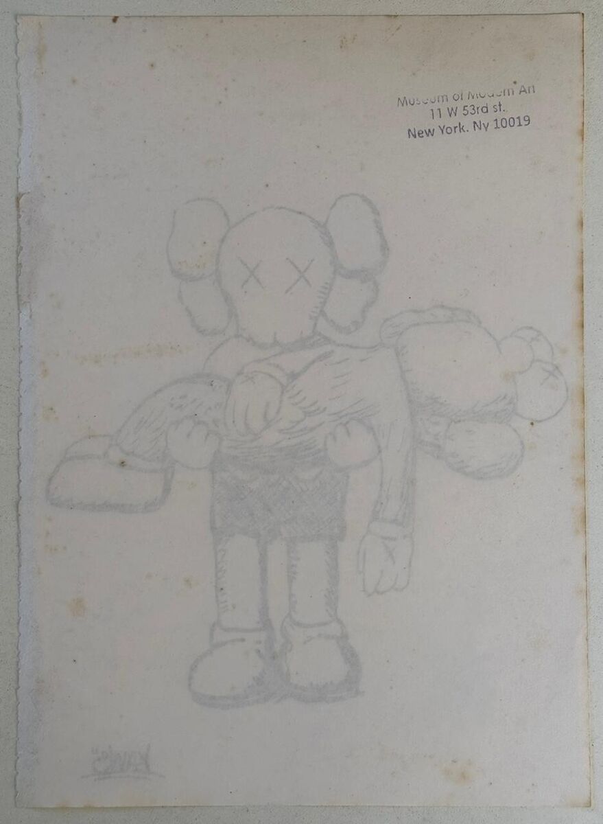 KAWS (Handmade) Drawing On old Paper Signed Mixed Media, Vtg KAWS (Handmade) Drawing On old Paper Signed Mixed Media, Vtg