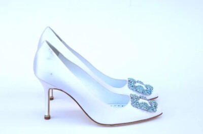 Manolo Blahnik Hangisi Crystal Buckle Pumps Size 38.5-US 8.5 in White Satin