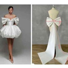 Exquisite Off Shoulder Wedding Dresses Mini Satin Pleat with Bow Custom Made