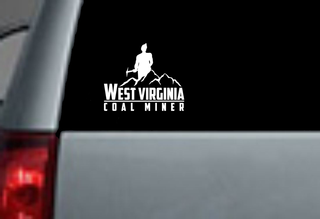 White 6-inch vinyl decal of a coal miner silhouette with mountain backdrop, text reads “West Virginia Coal Miner.”