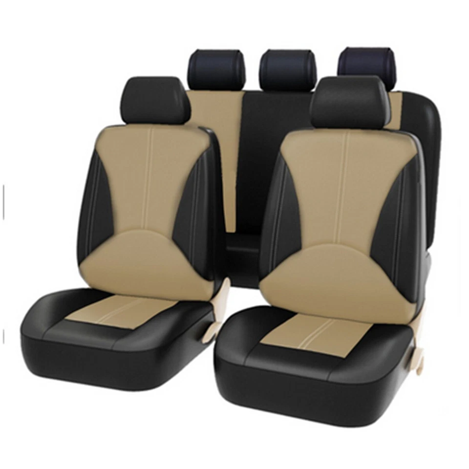 Juego de 9 Fundas de Asiento Cuero PU Protección 5 Asientos Accesorios Coche Negro Beige Foto 3 de 4