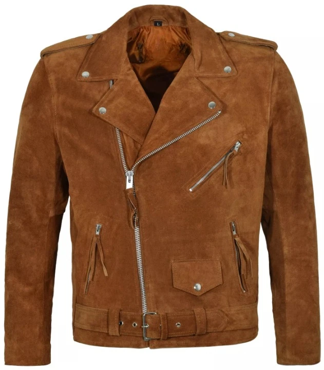 Men's Tan Real Soft Suede Fringe Leather Jacket Biker Motorcycle Jacket