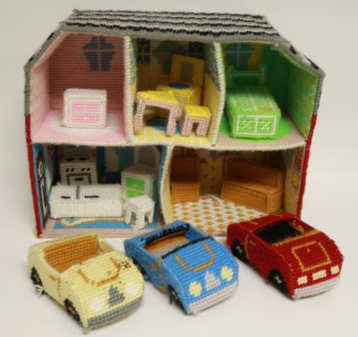 Yarn Crochet Doll House with Furniture and Cars Brick House 11'' x 13''