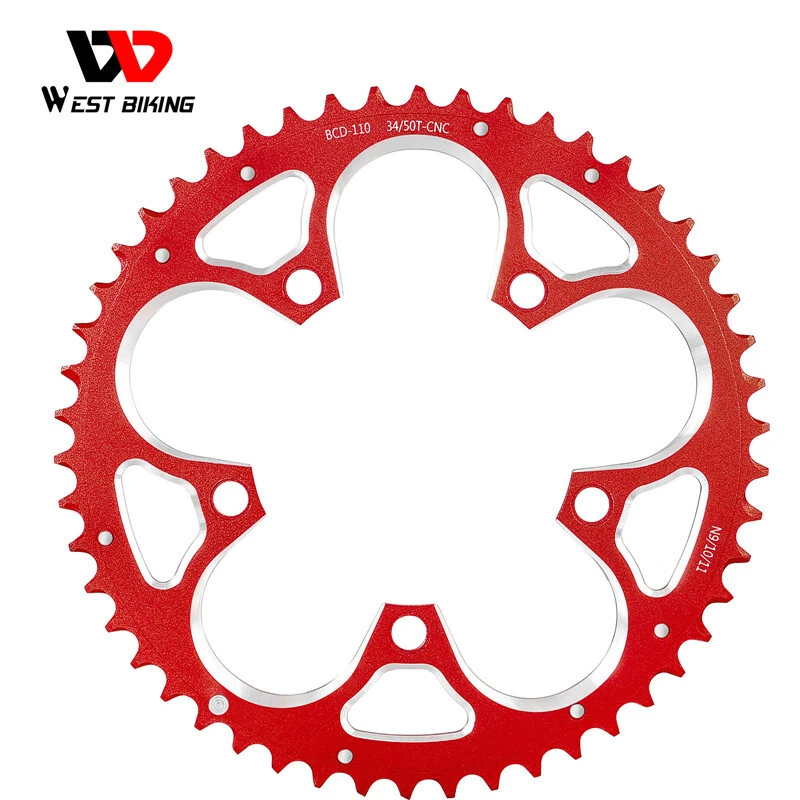 Plato de bicicleta de carretera WEST BIKING 110BCD 34T/50T placa de dientes 8/9/10/11 velocidades rojo Foto 4 de 4