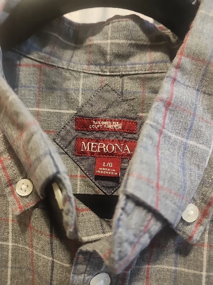 Camisa de vestir Merona gris con rayas rojas blancas y azules para hombre Foto 3 de 4