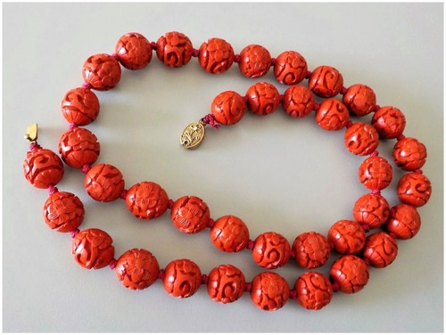 Vintage Chinese Export 1970's Red Cinnabar Necklace Gilt Filigree Clasp - Picture 9 of 14