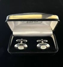 Cufflinks LBB London Badge Button Silver Tone White Moonstone Bullet Back w Box