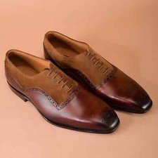 Handmade Men Brown Leather and Suede Brogue Shoes, Formal Dress Shoes