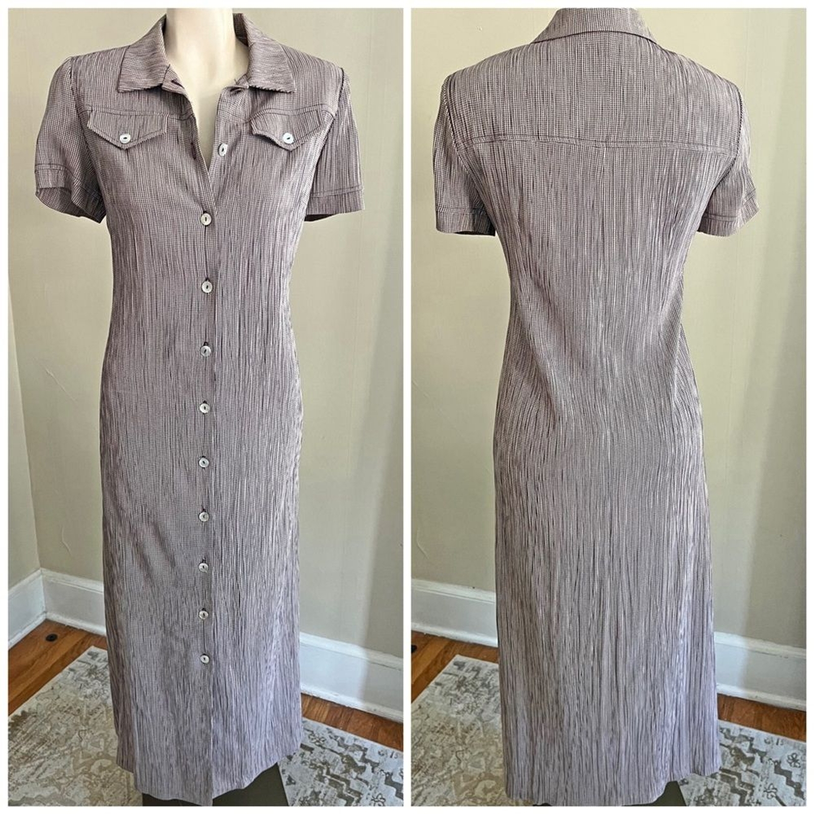 Talbots vintage 90's micro gingham check abalone button front maxi dress