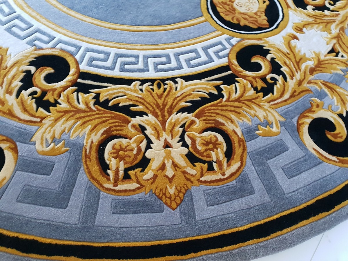 Medusa Versace style Floor Rug Mat Round Grey Gold Hand