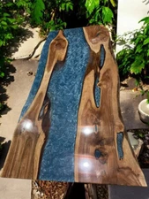 Blue Epoxy Resin Top Dining Table Handmade Kitchen Slab Wooden Furniture Decors
