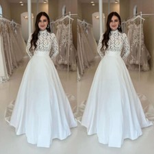 Satin Long Sleeve Wedding Dresses Lace Top Lace Applique Bridal Gown Sweep Train