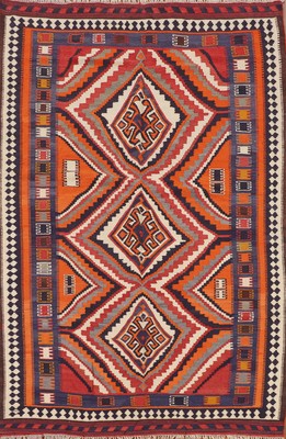 Orange Geometric Kilim Reversible Vegetable Dye Flatweave Rug 5x8