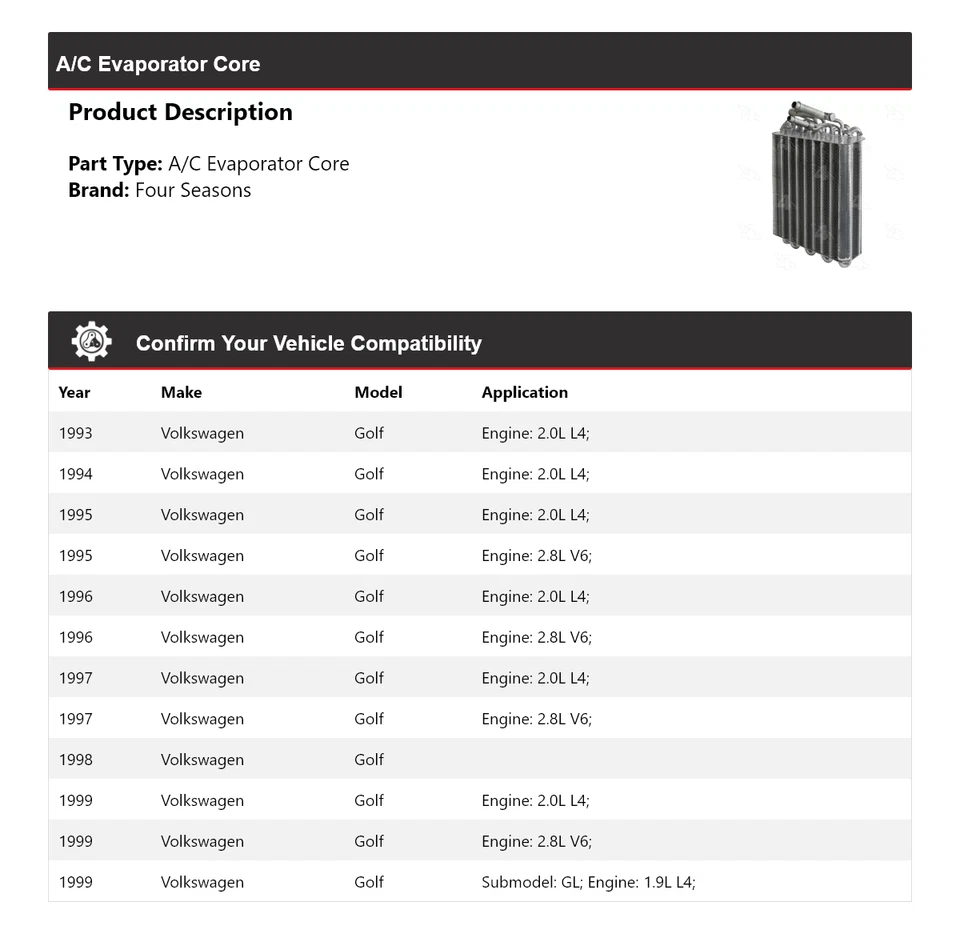 Núcleo evaporador aire acondicionado Volkswagen Golf 1993-1999 4 estaciones 1994 1995 1996 1997 Foto 2 de 4