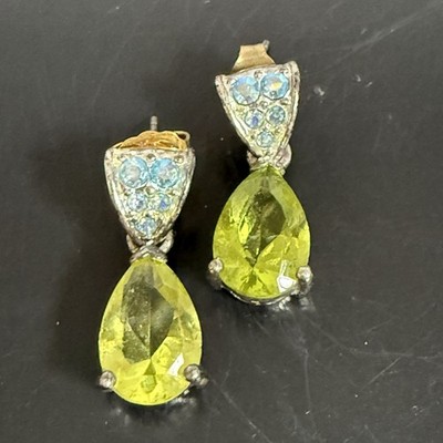 Vintage Peridot Rhinestone Drop Earrings Set Silver Tone Read